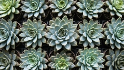 Multiple Succulent Plants Arranged Neatly in Pots Creating a Vibrant Green Pattern on a Bright Surface