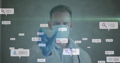 Doctor manipulating floating data panels in interface, wearing lab coat mask glove stethoscope