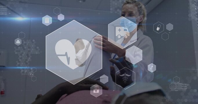 Assessing doctor wearing mask examining patient on exam table in clinical room, with AR icons - Powered by Adobe