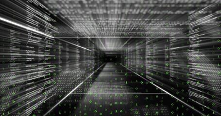 Streaming tunnel in corridor showing scrolling code panels, grid lines and floating green bits