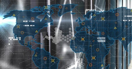 Showing blue world map on metallic grid with hex clusters, geometric circuit patterns and blocks
