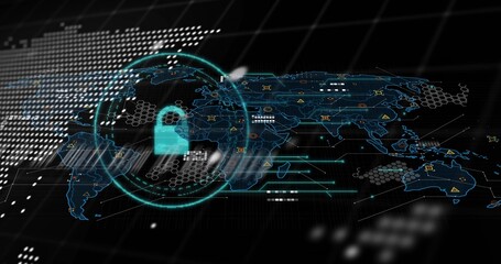 Displaying 3D world map in cyber interface featuring glowing cyan padlock, circular highlight