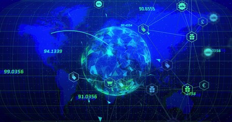 Rotating polygonal globe hovering above world map grid, with price tags and currency icons