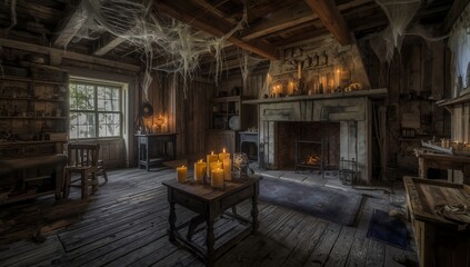 Cozy yet eerie abandoned wooden house illuminated with candlelight.