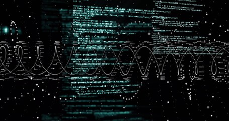 Displaying programming code text and dotted waveform in cyberspace, with floating white particles