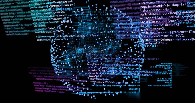 Displaying holographic sphere emitting points and wireframe in virtual space, with code snippets - Powered by Adobe