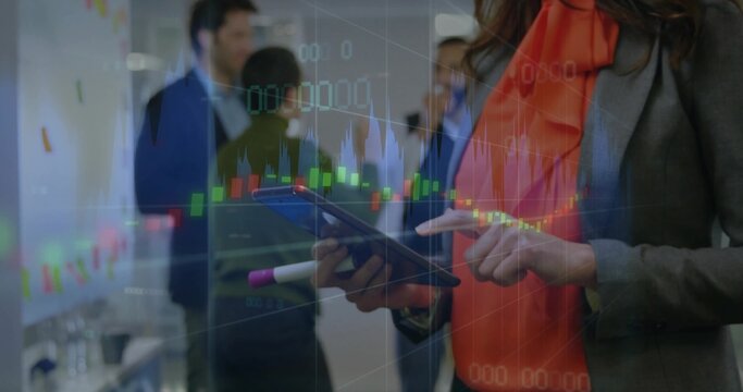 Tapping tablet businesswoman focusing in office area, with stock chart overlays, copy space - Powered by Adobe