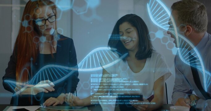 Colleagues reviewing genetic data on tablet in office meeting, with DNA visuals, code and documents
