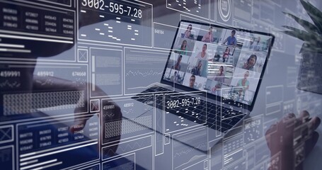 Displaying laptop screen showing team grid, data overlays on desk, hands hovering, plant beside