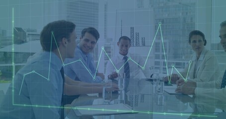 Six executives discussing financial data in meeting room with glass table, chart overlay