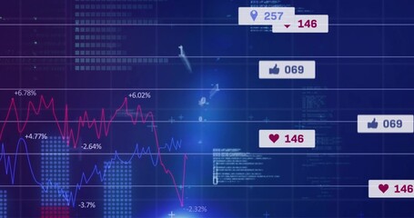 Displaying dashboard plotting red and blue line charts in analytics interface, with social icons