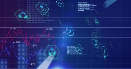 Displaying data overlay undulating on dashboard with red and blue charts, percent labels, hex icons