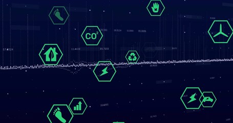 Displaying green hex icons showing environmental metrics on interface with waveform data labels