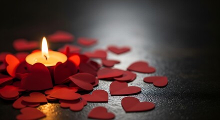 Romantic Candlelight with Scattered Red Hearts.