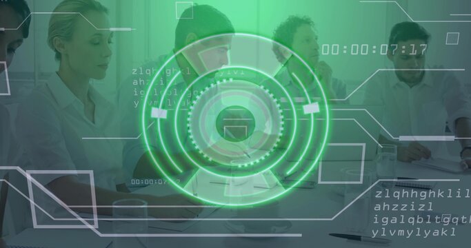 Analyzing five professionals reviewing papers, typing on laptops in meeting room with HUD overlay