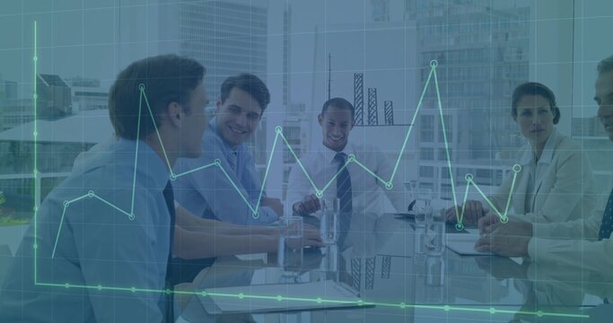 Six executives discussing financial data in meeting room with glass table, chart overlay