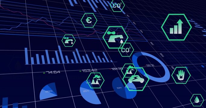 Displaying green hexagon icons and charts on virtual dashboard, with CO? and economic arrow