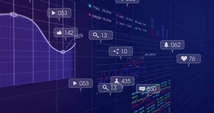Displaying data dashboard showing line graphs, bar charts and social icons on dark blue grid UI