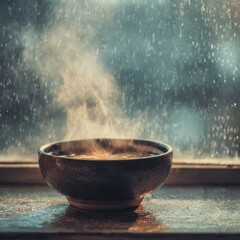 Steaming Soup Bowl on Windowsill on Rainy Day
