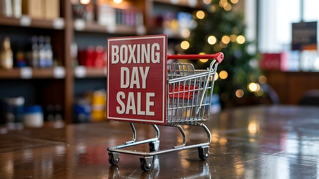 Miniature shopping cart with a red boxing day sale sign displayed in a retail store setting with a christmas tree in the background