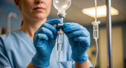 Nurse preparing intravenous drip in hospital.