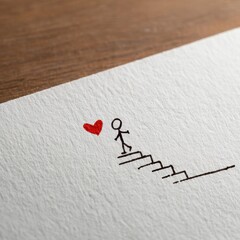 Stick figure climbing stairs towards a red heart on textured paper