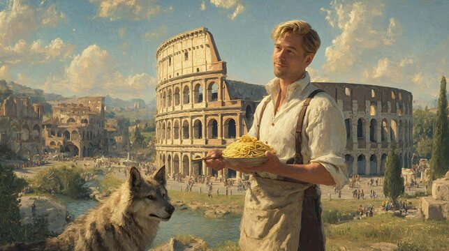Italy as a charming man in rolled-up sleeves, holding pasta in one hand and a paintbrush in the other, standing near the Colosseum, with a wolf at his side