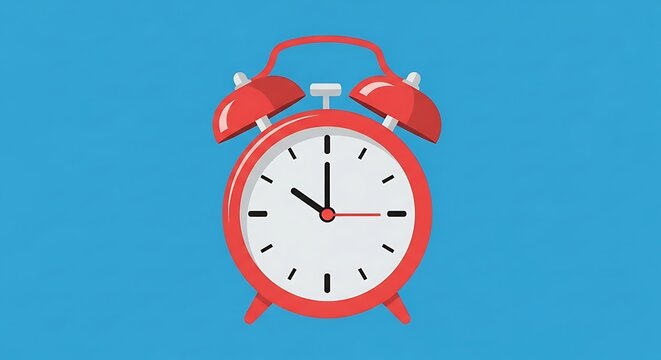 Retro Red Alarm Clock With White Face On Blue Background. - Powered by Adobe