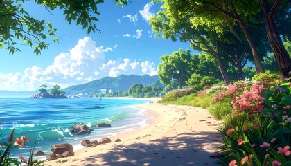 An idyllic beachfront scene, showcasing a sun-drenched sandy shore, clear turquoise waters, lush green trees, and distant mountains under a bright blue sky