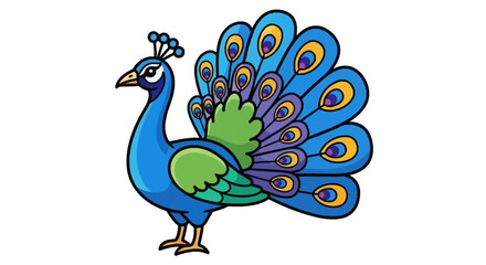 Vibrant Cartoon Peacock with Displayed Tail Feathers, Blue, Green, Purple, Yellow Accents