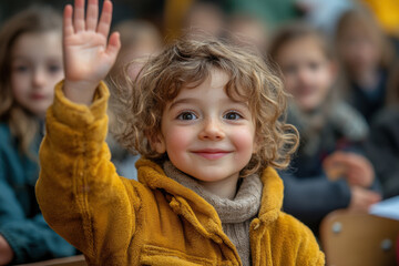 Child in yellow jacket waving at camera.