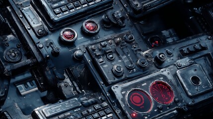 futuristic mech cockpit dashboard surface, metallic texture with buttons, scratches, glowing indicators, cinematic sci-fi grunge detail
