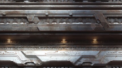 futuristic sci-fi spaceship hull texture, complex metallic panels, bolts, scratches, worn grunge, cinematic lighting, ultra-detailed 3D surface