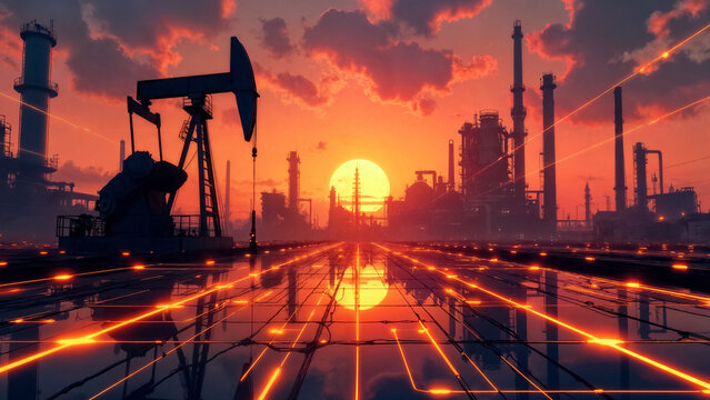 oil and gas industry, oil pumps in oil refinery at sunset - Powered by Adobe