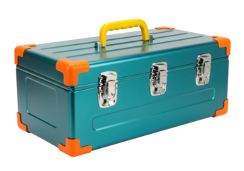 Isolated teal metallic toolbox with orange accents and yellow handle, closed metal container