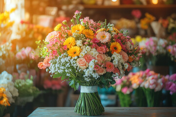 Vase with colorful flowers on table.