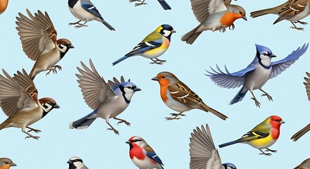 Seamless pattern with various colorful birds flying and perching on a light blue background.