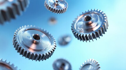 Silver gears with polished surfaces float against a soft blue gradient background, reflecting light subtly,