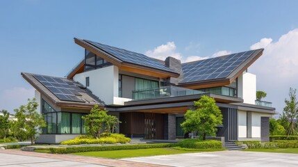 An elegant two-story modern house with sloped roofs covered in solar panels, white walls, large glass windows,