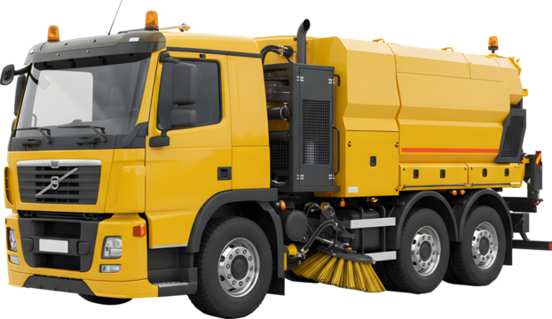 A yellow street sweeper machine at work. The powerful vehicle keeps the city streets clean and tidy. The machine has a brush that sweeps away dirt and debris.