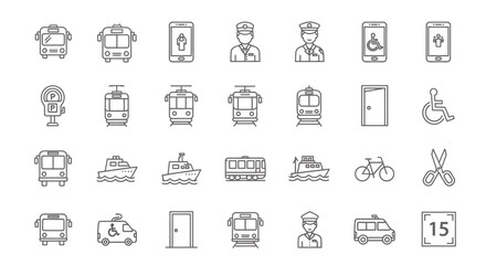 Transportation Icons Set  Bus Train Boat Bicycle Accessibility Symbols and Public Transit Elements