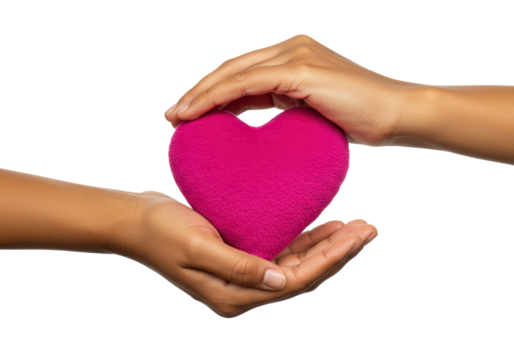 Isolated heart symbol, two hands holding a hot pink heart plush, love and care expression - Powered by Adobe