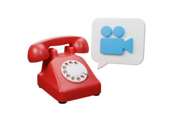 Isolated vintage red rotary telephone with video call icon, communication technology