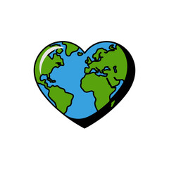 Earth globe heart icon, world map continents, environmental love concept, global unity theme, travel vector, glossy sticker style