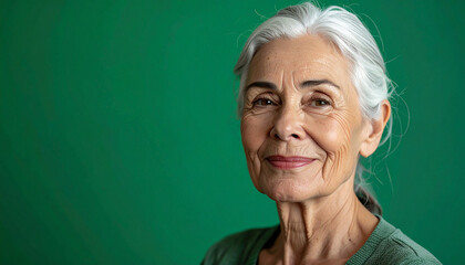 Elderly woman with smooth white hair pulled back, calm gentle smile, half-body portrait.