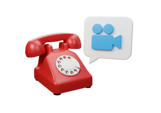 Isolated vintage red rotary telephone with video call icon, communication technology