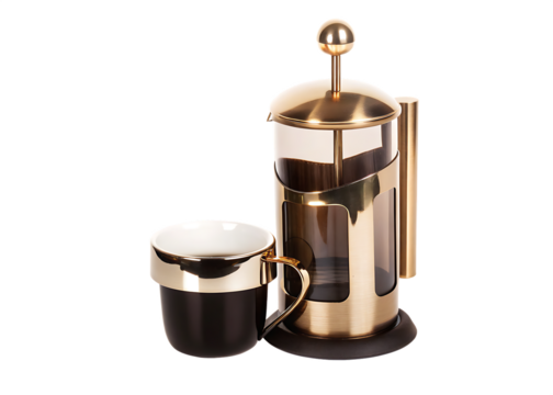 gold french press and coffee cup isolated on white background, png, ai generated