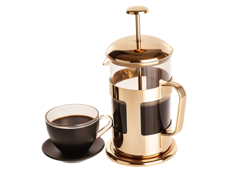 gold french press and coffee cup isolated on white background, png, ai generated