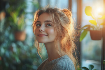 Woman in sweater gazes out window with long hair flowing.
