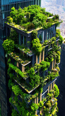 Sustainable urban living with rooftop gardens and plant covered balconies high resolution picture
